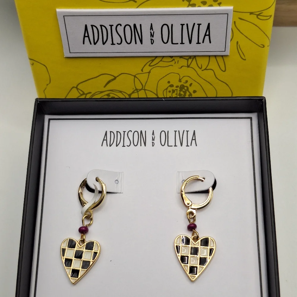 Addison & Olivia Checkered Heart Drop Earrings | Fine Silver Plate | Boxed